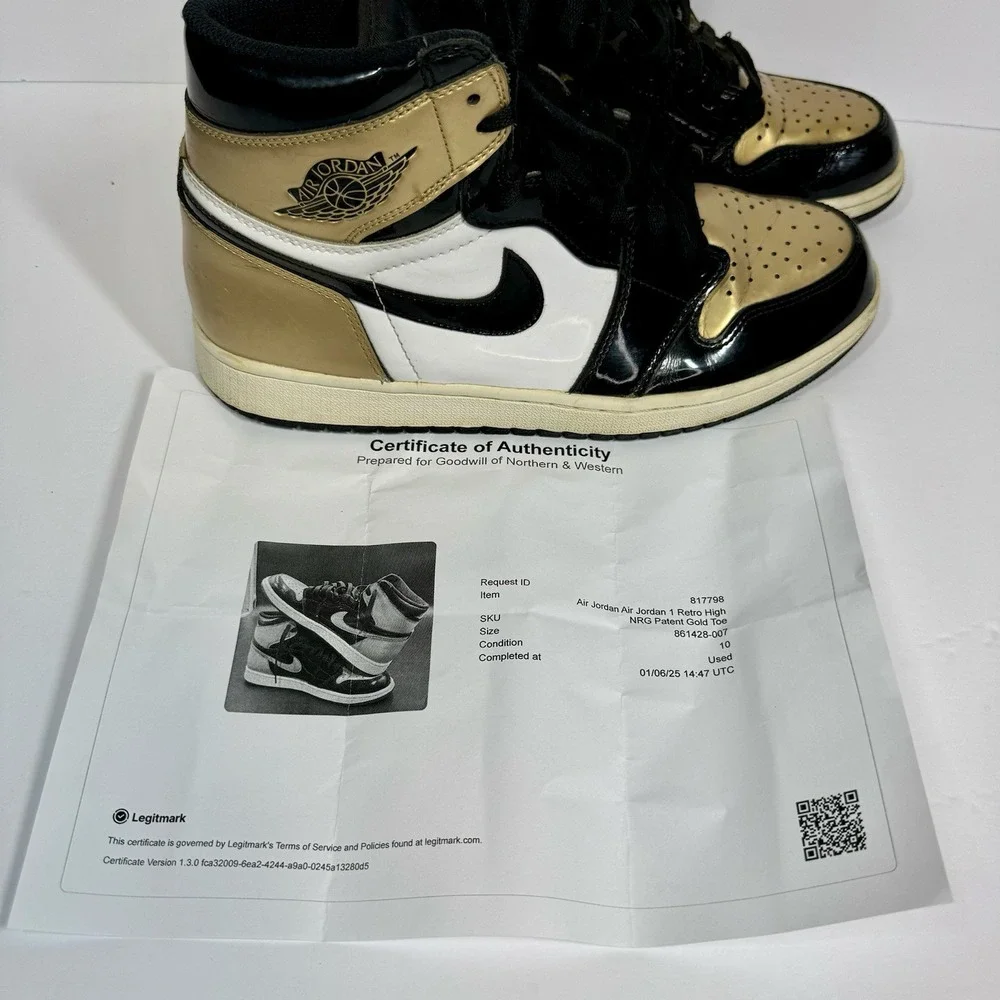 Nike Air Jordan 1 Retro High OG NRG‎ Gold Toe With COA 861428-007 Mens Sz 10